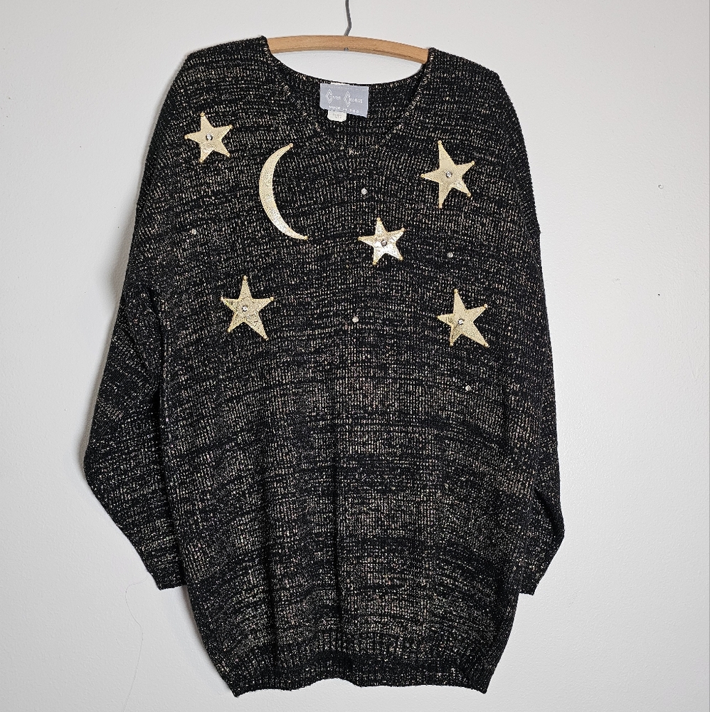 Vintage Women's Cover Charge Metallic Gold and Black Stars and Moon Sweater OSFM